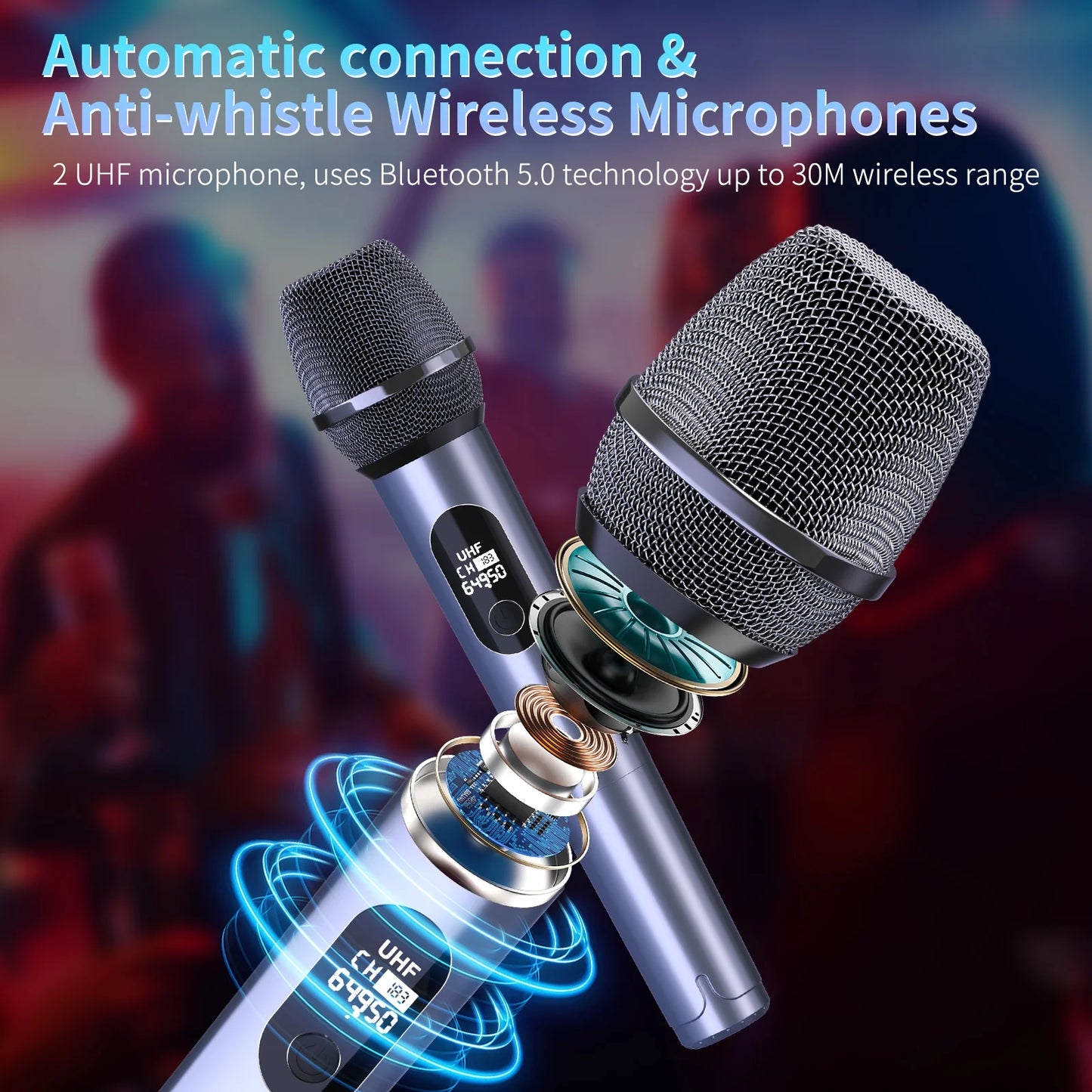 Party Speaker, Bluetooth Speaker with 2 Wireless Microphone & DJ Light, Portable Stereo Wireless Speaker for Outdoor