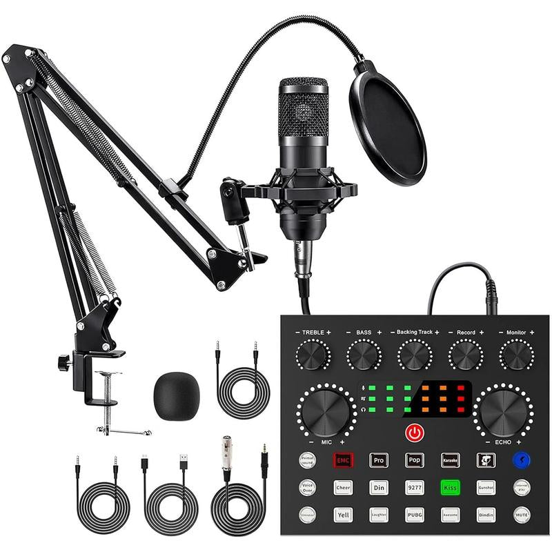 Podcast Equipment Kit, Audio Interface & All-In-One Live Sound Control Device, Sound Card Set, Ideal for Recording, Gaming, Singing, Broadcasting, Live Streaming