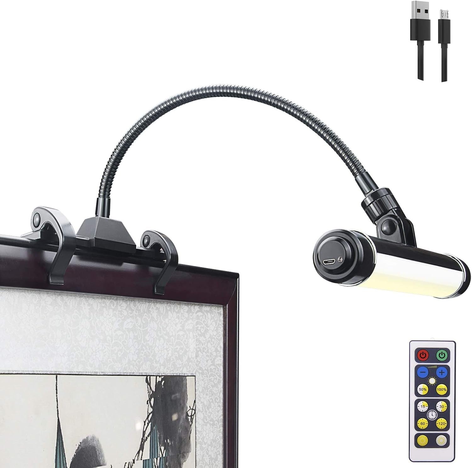 Wireless Picture Frame Led Lighting,Rechargeable Art Display Lighting Clip on Pictures,Over Painting Lights with Remote,Artwork Lamp with Flexible Neck,28 Leds 3 Lighting Modes 200Lm-Black