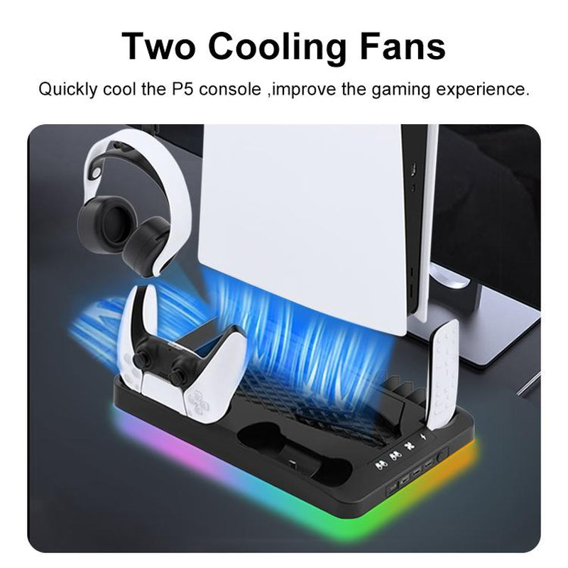 PS5 Multifunctional Cooling Base with Light Headset Hook Game Disc Case Storage Playstation5 Handle Charging Stand