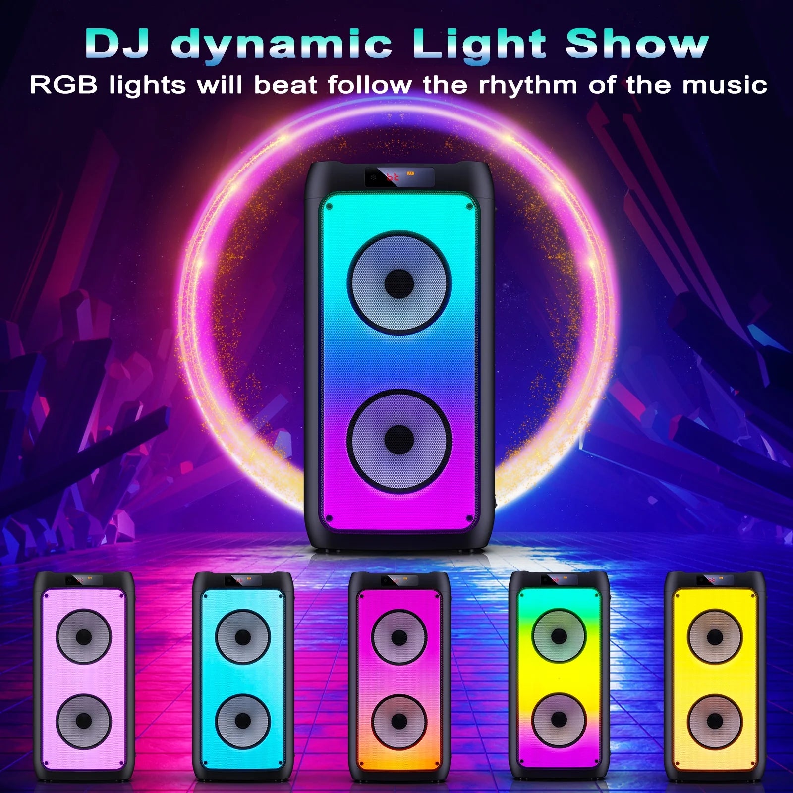 Party Speaker, Bluetooth Speaker with 2 Wireless Microphone & DJ Light, Portable Stereo Wireless Speaker for Outdoor