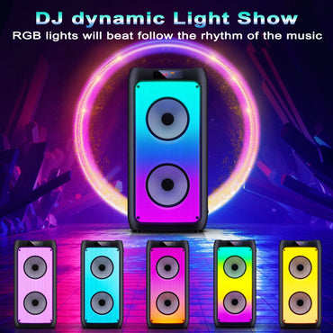 Party Speaker, Bluetooth Speaker with 2 Wireless Microphone & DJ Light, Portable Stereo Wireless Speaker for Outdoor