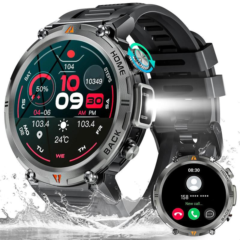 EIGIIS KE3 Smart Watch for Men with LED Flashlight(Answer/Make Call) 3ATM Waterproof Rugged Smartwatch with 110+ Sports Mods 1.45’’ HD Digital Watch for Android Phones