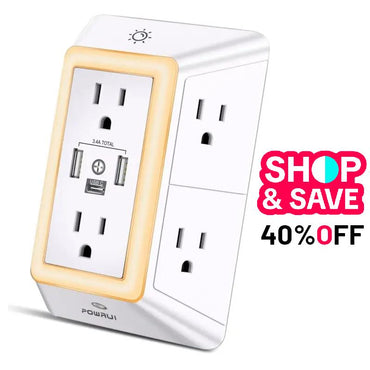 Multi Plug Outlet Surge Protector - POWRUI 6 Outlet Extender with 3 USB Ports (1 USB C) and Night Light, 3-Sided Power Strip with Adapter Spaced Outlets - White, ETL Listed Fathersdaygift Socket