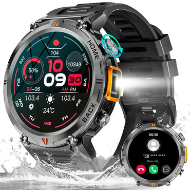EIGIIS KE3 Smart Watch for Men with LED Flashlight(Answer/Make Call) 3ATM Waterproof Rugged Smartwatch with 110+ Sports Mods 1.45’’ HD Digital Watch for Android Phones