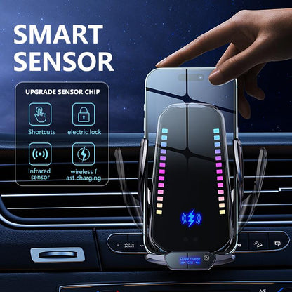 Phone Holder with Wireless Charging, Smart Rhythm Color Lights & Infrared Sensing - Adjustable Car Mount & Retractable Stand for Music & Vehicle Use