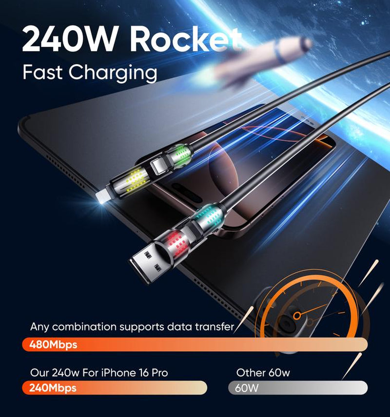 【Tiktokshopbacktoschool】New - MAGIC JOHN 4-In-1 Charging Cable, Super Fast 240W Charging with RGB Light
