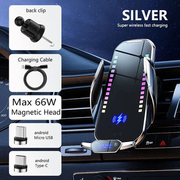 Phone Holder with Wireless Charging, Smart Rhythm Color Lights & Infrared Sensing - Adjustable Car Mount & Retractable Stand for Music & Vehicle Use