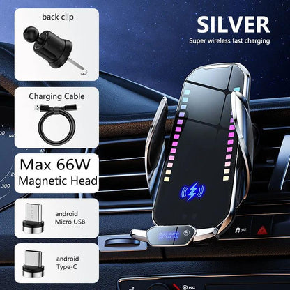 Phone Holder with Wireless Charging, Smart Rhythm Color Lights & Infrared Sensing - Adjustable Car Mount & Retractable Stand for Music & Vehicle Use