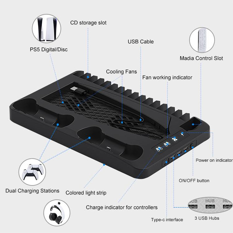 PS5 Multifunctional Cooling Base with Light Headset Hook Game Disc Case Storage Playstation5 Handle Charging Stand