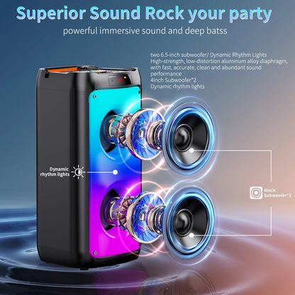 Party Speaker, Bluetooth Speaker with 2 Wireless Microphone & DJ Light, Portable Stereo Wireless Speaker for Outdoor