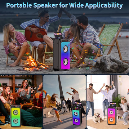 Party Speaker, Bluetooth Speaker with 2 Wireless Microphone & DJ Light, Portable Stereo Wireless Speaker for Outdoor