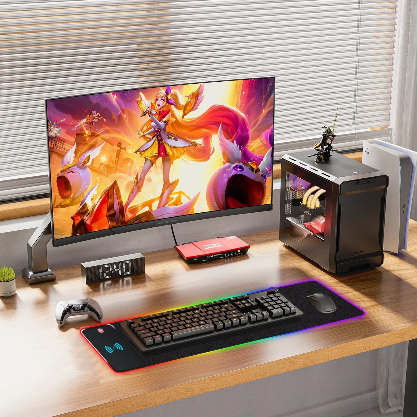 RGB 15W Large Keyboard Pad Wireless Charger Gaming Mouse Pad, Desk Mat with 10 Light Modes, Keyboard Pad with Non-Slip Rubber Base, Waterproof Desk Pad for Home Office Decor