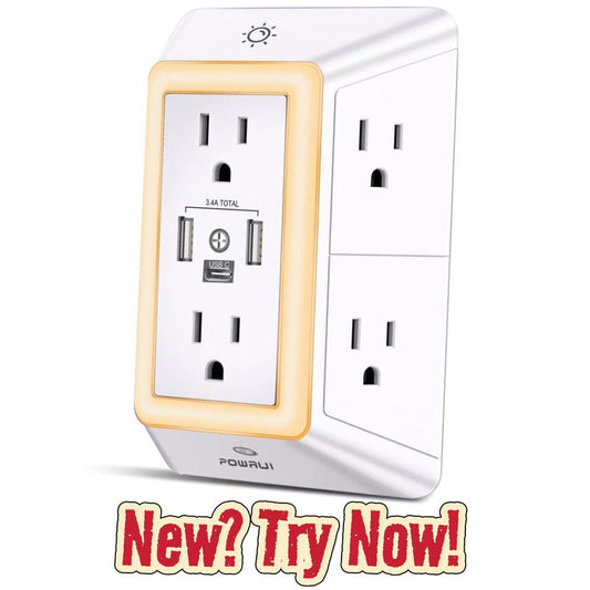 Multi Plug Outlet Surge Protector - POWRUI 6 Outlet Extender with 3 USB Ports (1 USB C) and Night Light, 3-Sided Power Strip with Adapter Spaced Outlets - White, ETL Listed Fathersdaygift Socket