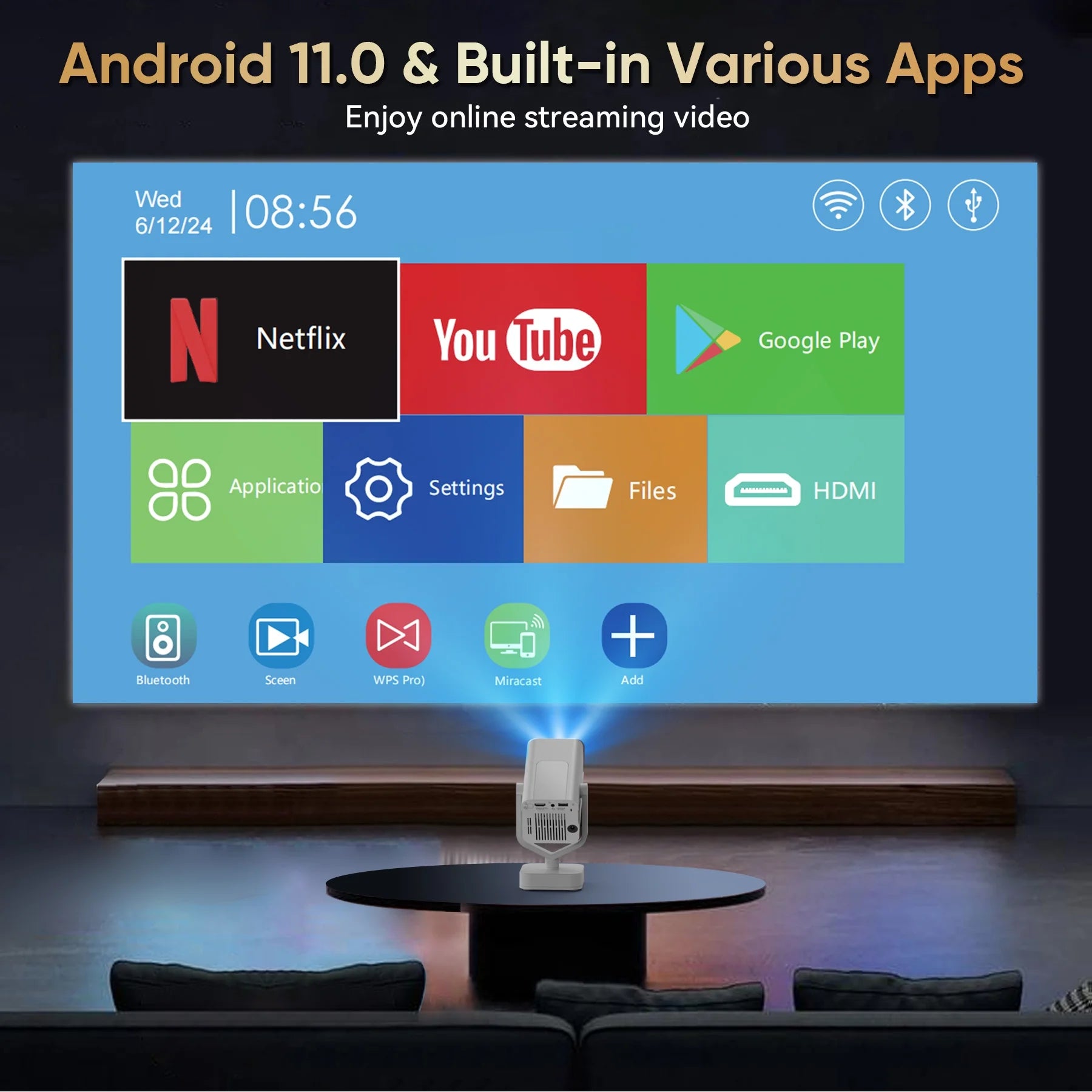 [Built-In Apps]  Mini Projector with Wifi and Bluetooth, HD 1080P Video Smart Projector with Android System