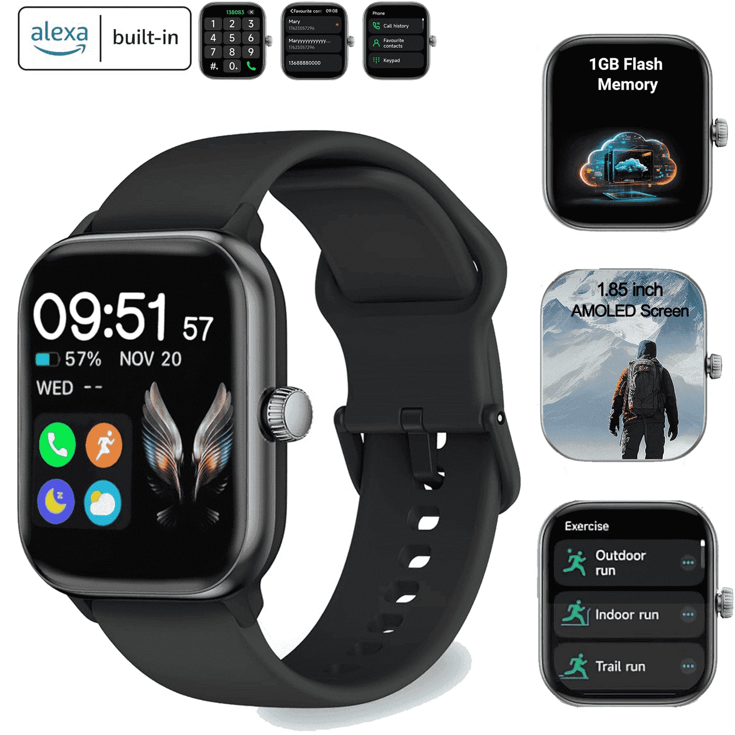 GTX10 Smart Watch - 1.85" AMOLED Smartwatch W/ Alexa | IP68 | Fitness, Compatible with Ios/Android, Black