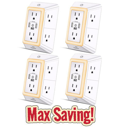 Multi Plug Outlet Surge Protector - POWRUI 6 Outlet Extender with 3 USB Ports (1 USB C) and Night Light, 3-Sided Power Strip with Adapter Spaced Outlets - White, ETL Listed Fathersdaygift Socket