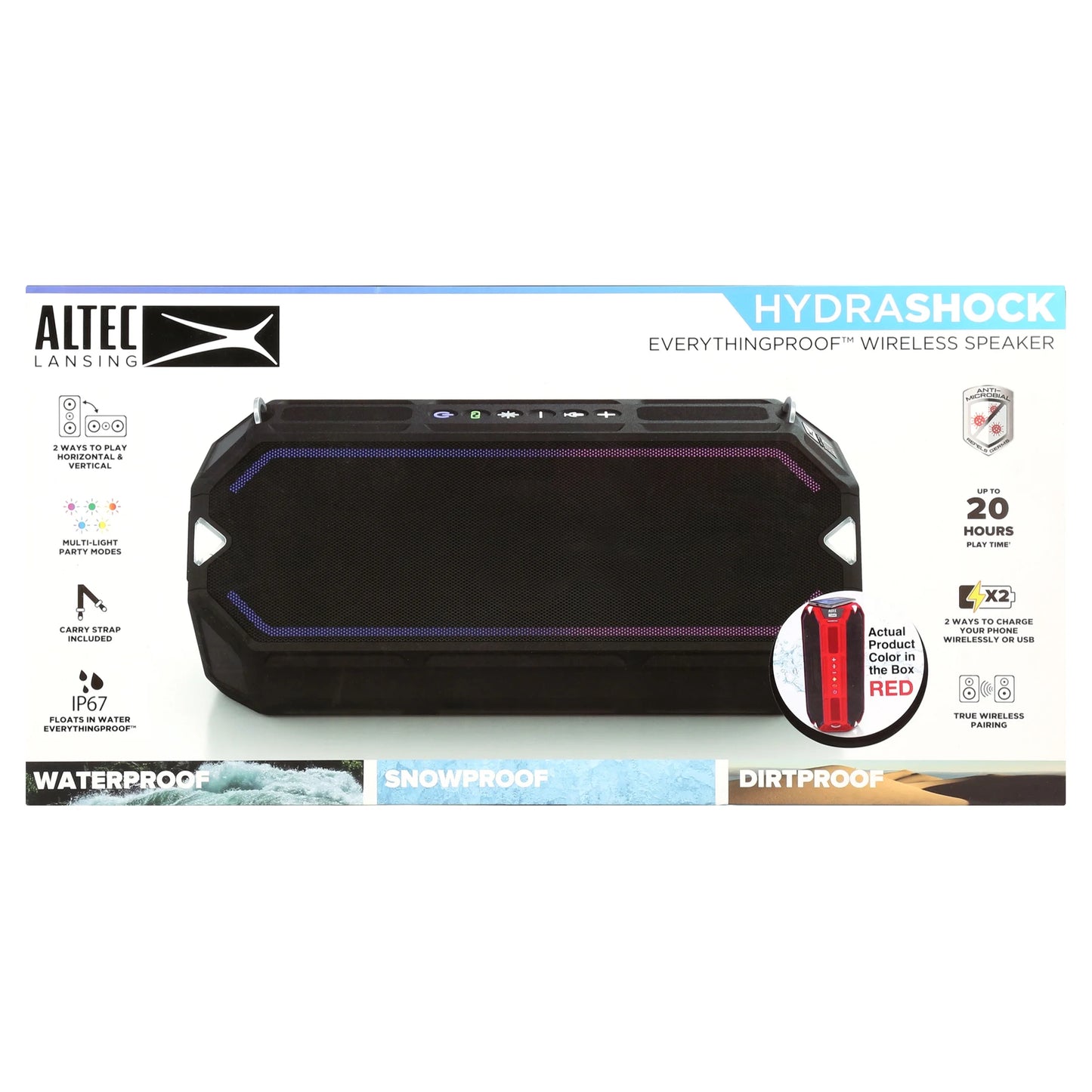 Hydrashock Everythingproof Portable Wireless Bluetooth Speaker, Red, 20 Hrs Playtime, IP67 Waterproof, LED Lights