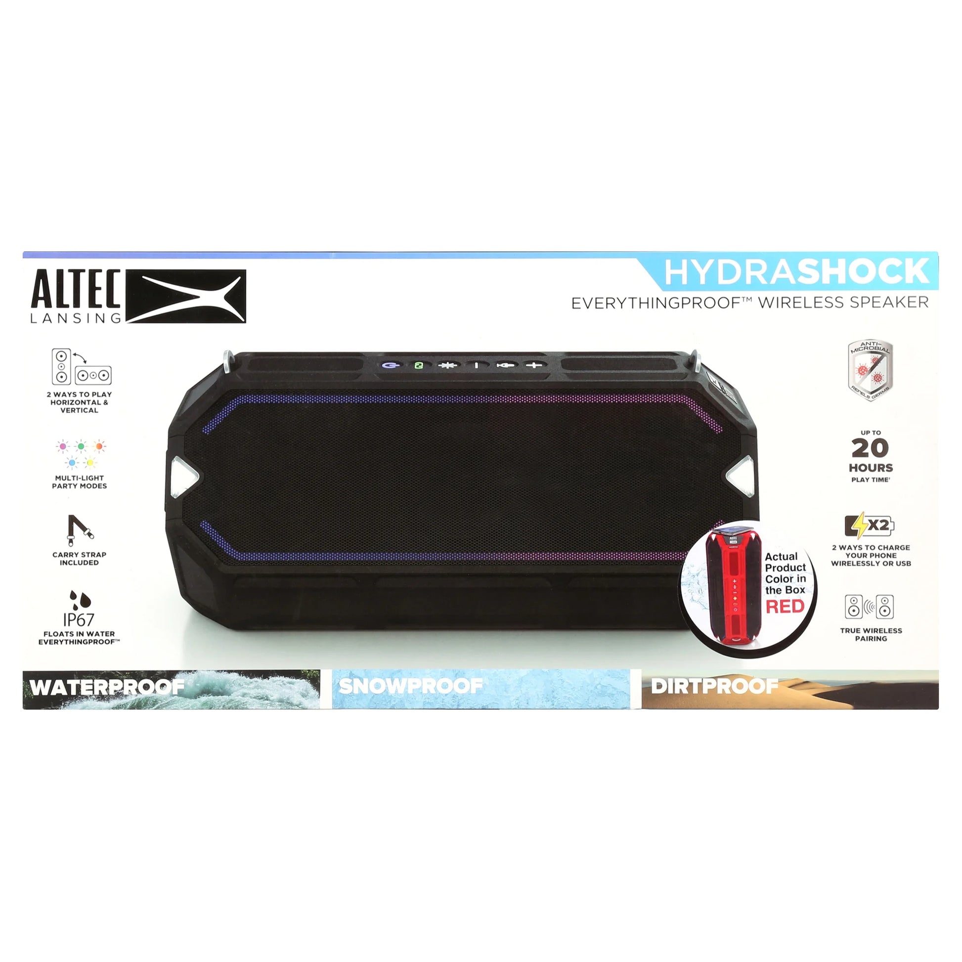 Hydrashock Everythingproof Portable Wireless Bluetooth Speaker, Red, 20 Hrs Playtime, IP67 Waterproof, LED Lights