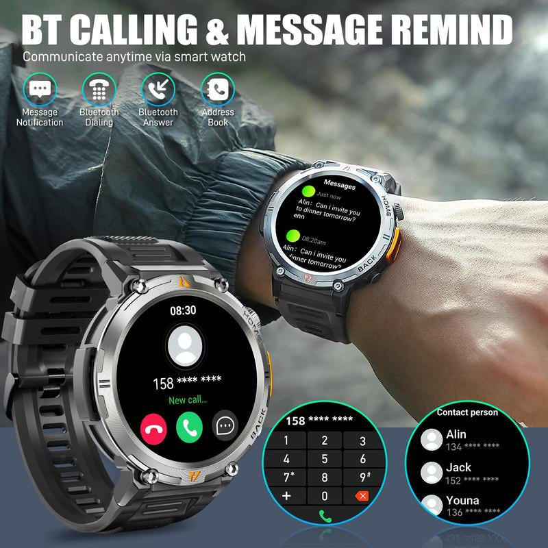 EIGIIS KE3 Smart Watch for Men with LED Flashlight(Answer/Make Call) 3ATM Waterproof Rugged Smartwatch with 110+ Sports Mods 1.45’’ HD Digital Watch for Android Phones