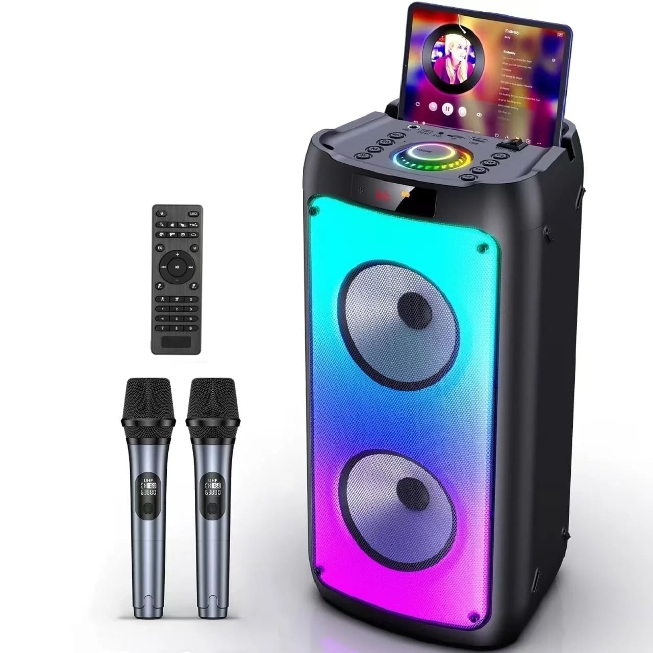 Party Speaker, Bluetooth Speaker with 2 Wireless Microphone & DJ Light, Portable Stereo Wireless Speaker for Outdoor