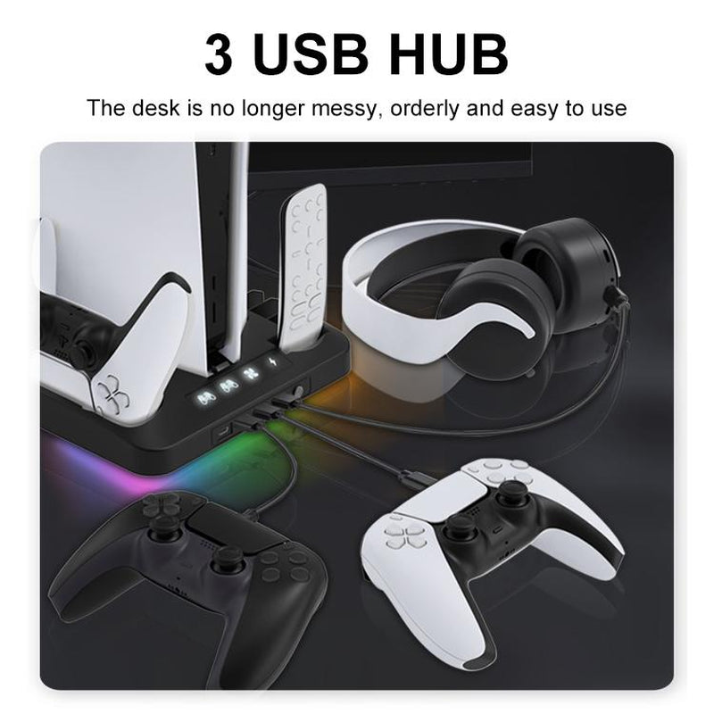 PS5 Multifunctional Cooling Base with Light Headset Hook Game Disc Case Storage Playstation5 Handle Charging Stand