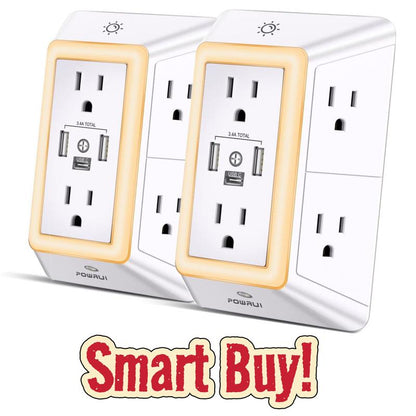 Multi Plug Outlet Surge Protector - POWRUI 6 Outlet Extender with 3 USB Ports (1 USB C) and Night Light, 3-Sided Power Strip with Adapter Spaced Outlets - White, ETL Listed Fathersdaygift Socket