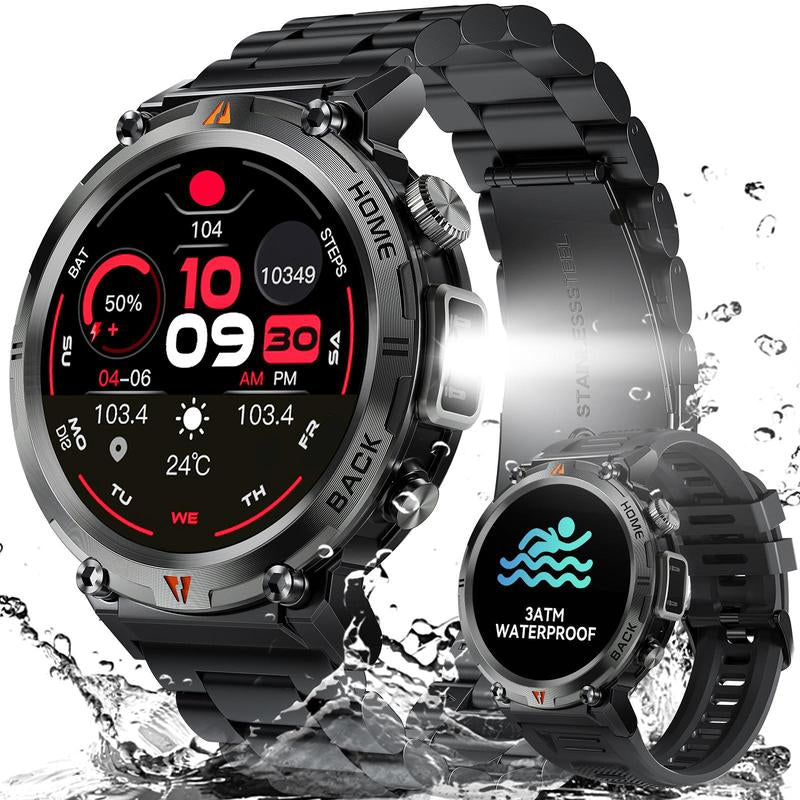 EIGIIS KE3 Smart Watch for Men with LED Flashlight(Answer/Make Call) 3ATM Waterproof Rugged Smartwatch with 110+ Sports Mods 1.45’’ HD Digital Watch for Android Phones
