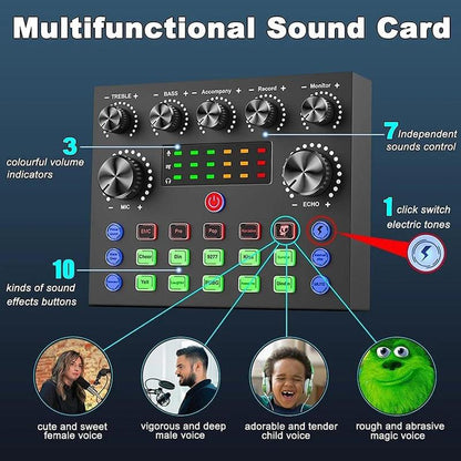 Podcast Equipment Kit, Audio Interface & All-In-One Live Sound Control Device, Sound Card Set, Ideal for Recording, Gaming, Singing, Broadcasting, Live Streaming
