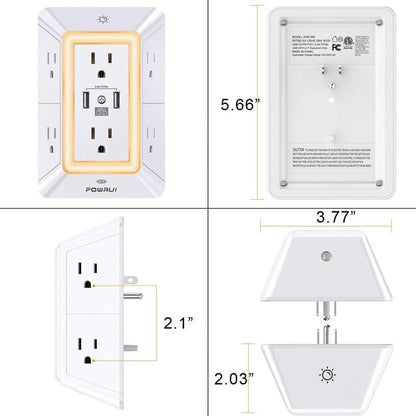 Multi Plug Outlet Surge Protector - POWRUI 6 Outlet Extender with 3 USB Ports (1 USB C) and Night Light, 3-Sided Power Strip with Adapter Spaced Outlets - White, ETL Listed Fathersdaygift Socket