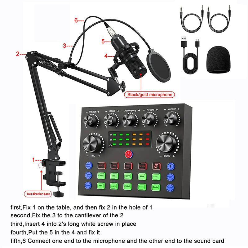 Podcast Equipment Kit, Audio Interface & All-In-One Live Sound Control Device, Sound Card Set, Ideal for Recording, Gaming, Singing, Broadcasting, Live Streaming