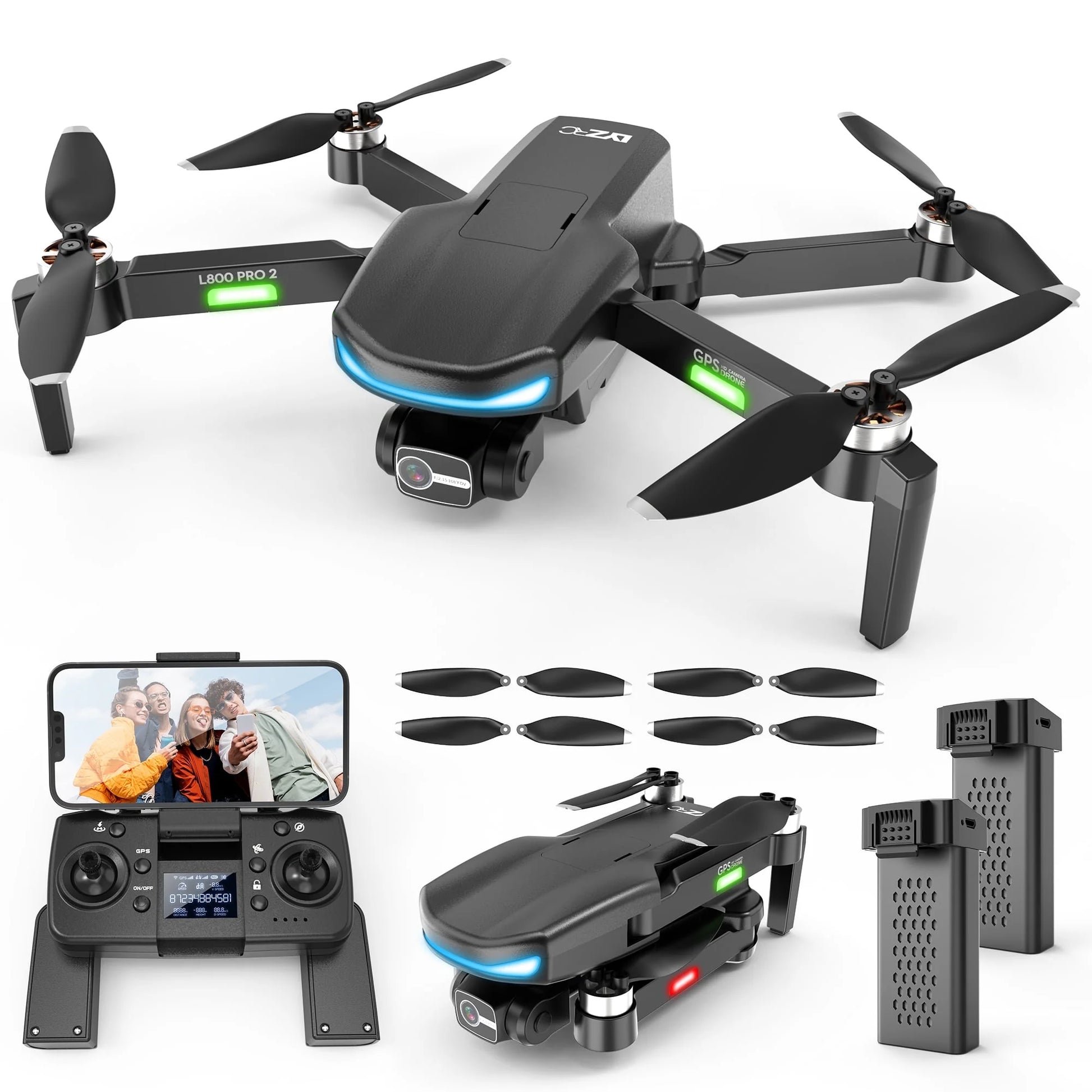 L800 Pro2 GPS Drone with 4K HD Camera for Adults and Beginners, 3-Axis Gimbal, FPV RC Quadcopter with Brushless Motor, 5G WIFI Transmission, 2 Batteries, Black