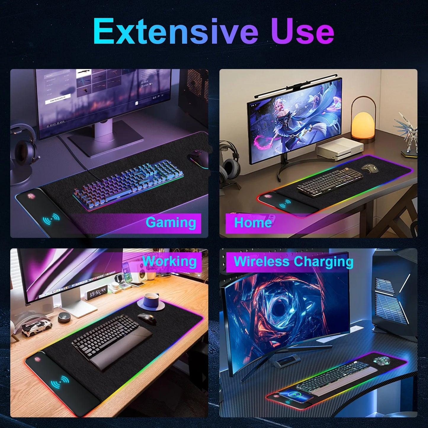 RGB 15W Large Keyboard Pad Wireless Charger Gaming Mouse Pad, Desk Mat with 10 Light Modes, Keyboard Pad with Non-Slip Rubber Base, Waterproof Desk Pad for Home Office Decor