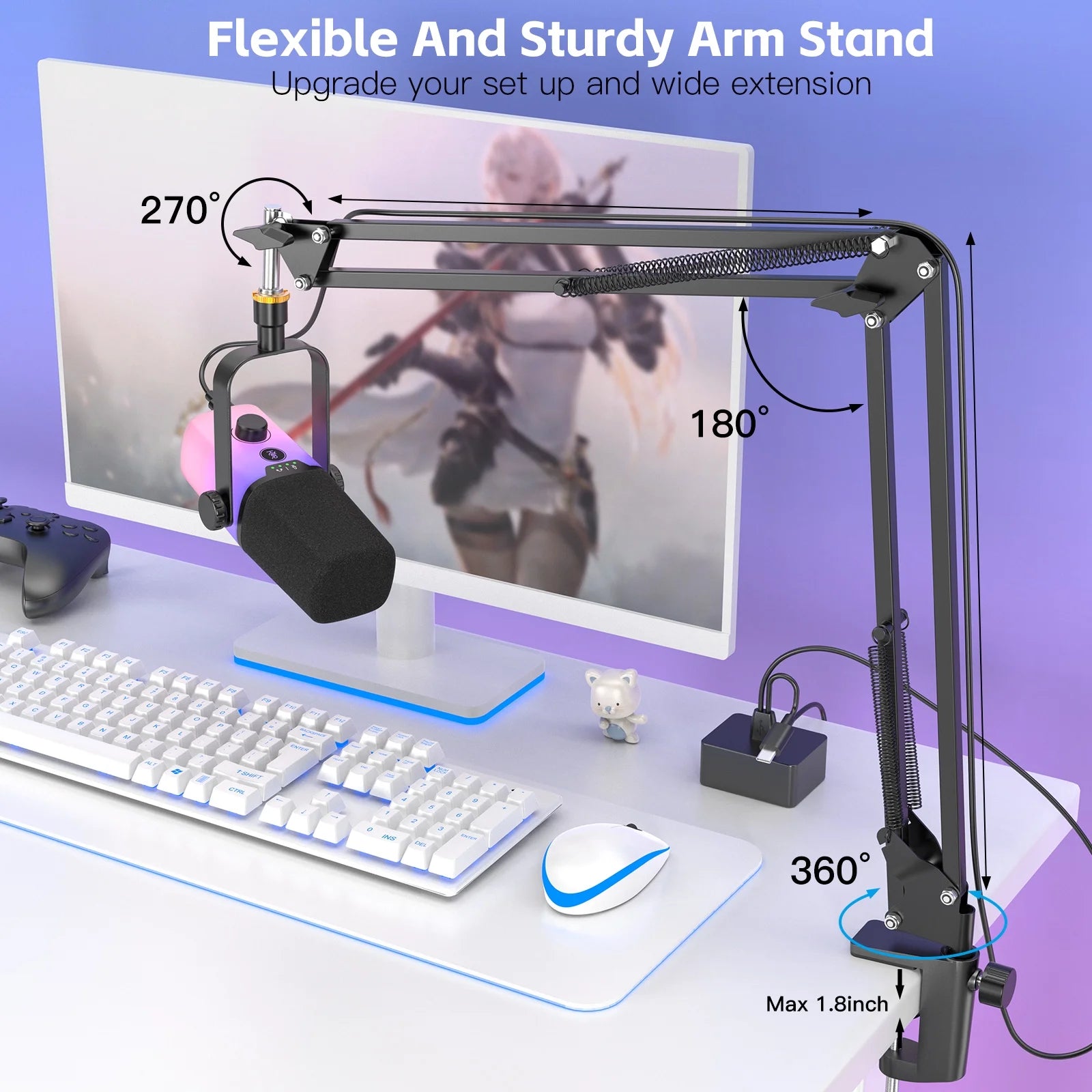 USB Gaming Microphone,Pc Microphone for Phone Tablet with RGB for Streaming Podcast Vocal Recording ASMR, Computer Mic with Noise Cancellation,Mute Button,Gain Knob,Desktop Arm Boom Stand