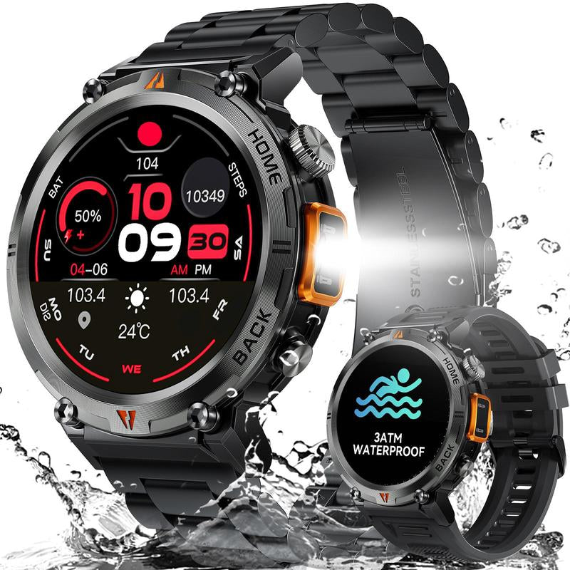 EIGIIS KE3 Smart Watch for Men with LED Flashlight(Answer/Make Call) 3ATM Waterproof Rugged Smartwatch with 110+ Sports Mods 1.45’’ HD Digital Watch for Android Phones
