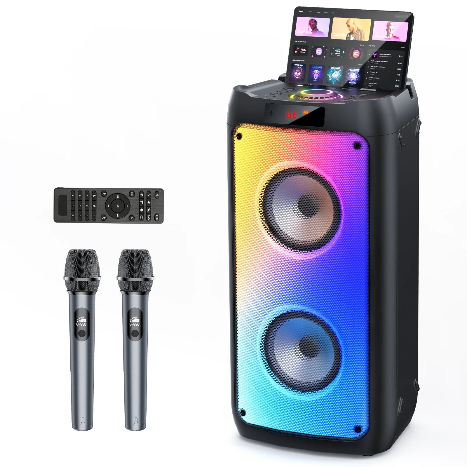 Party Speaker, Bluetooth Speaker with 2 Wireless Microphone & DJ Light, Portable Stereo Wireless Speaker for Outdoor