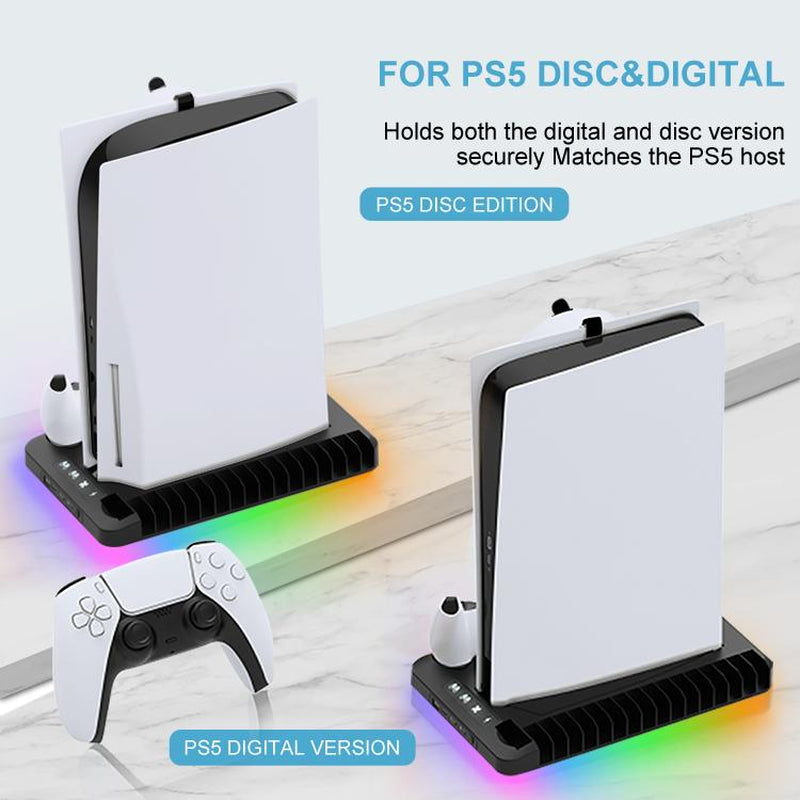 PS5 Multifunctional Cooling Base with Light Headset Hook Game Disc Case Storage Playstation5 Handle Charging Stand