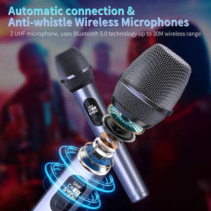 Party Speaker, Bluetooth Speaker with 2 Wireless Microphone & DJ Light, Portable Stereo Wireless Speaker for Outdoor